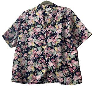 Vtg New Editions Floral Blouse Women Size 14 Short Sleeve Button Up Countrycore